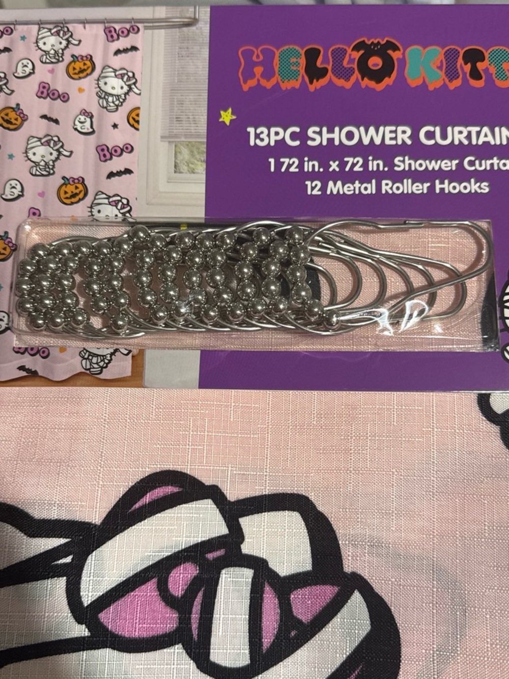 NWT Hello Kitty Hello Kitty Mummy Shower Curtain Set with Metal Roller Hooks